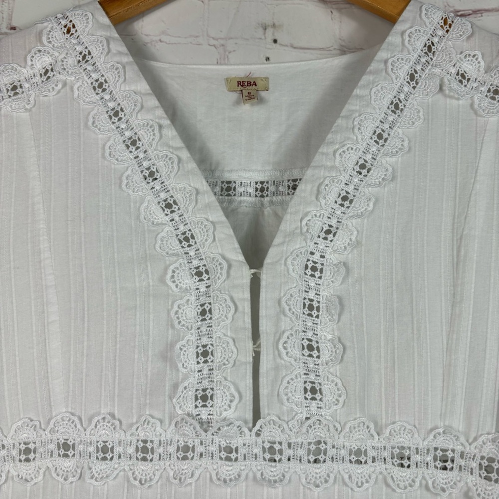 REBA White Cotton Mixed Lace Ruffle Boho V-Neck Short Sleeve Midi Dress Size 6 - Picture 7 of 9